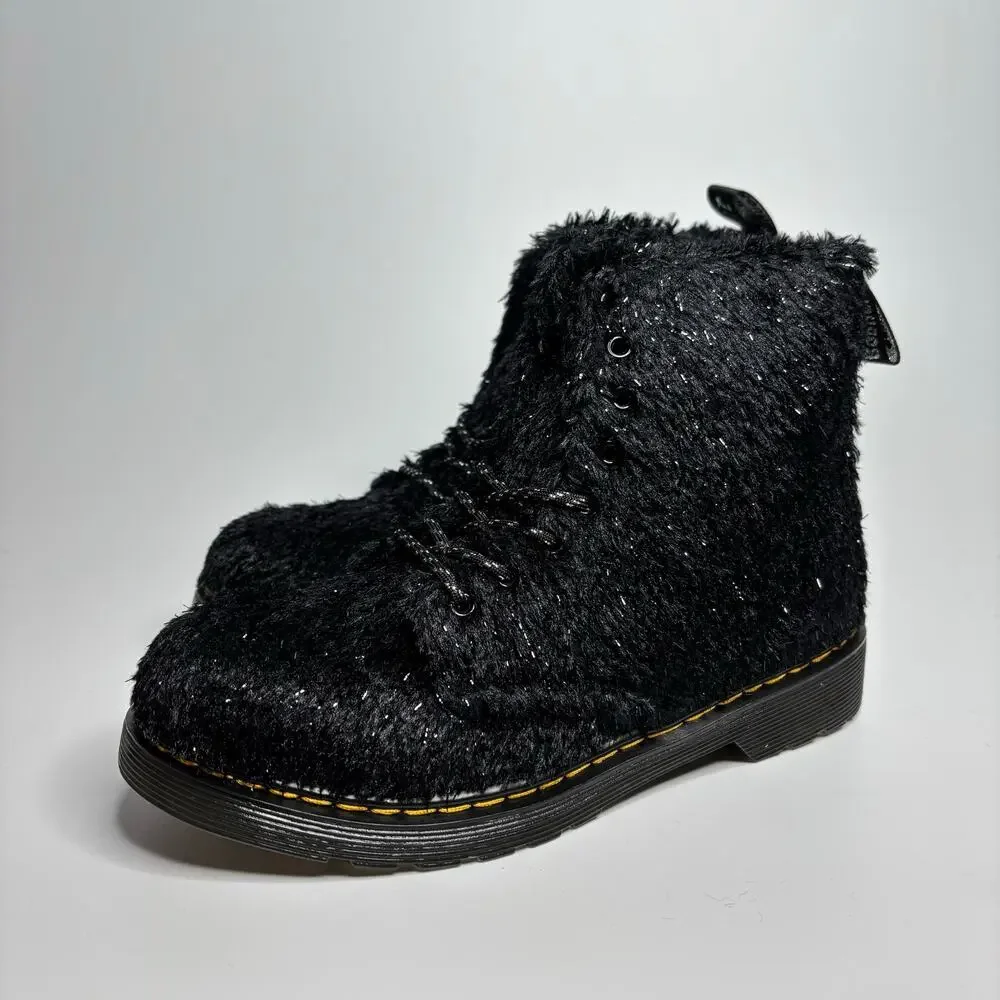 Dr. Martens Junior 1460 Pascal Tinsel Fur Lace Up Boots in Black